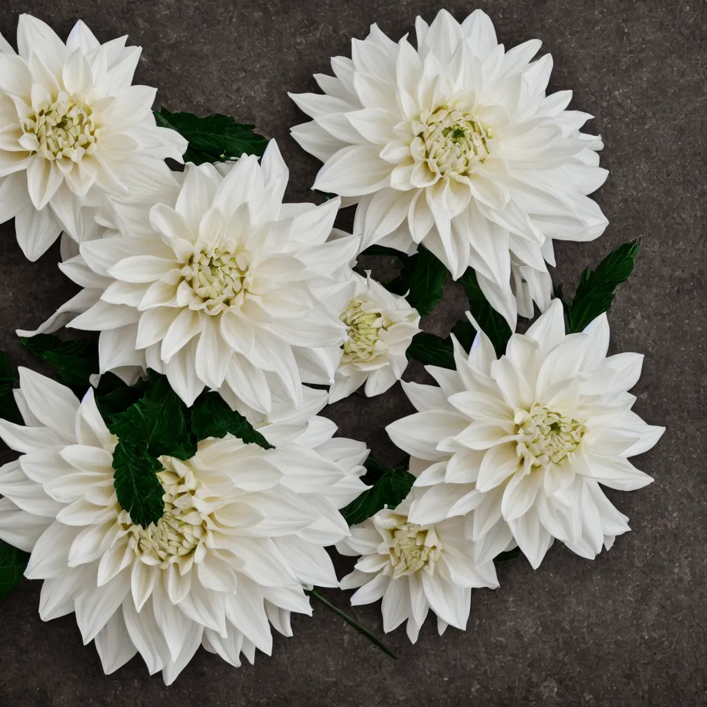 Image similar to beautiful white dahlia flower from top view painterly emotionally evoki