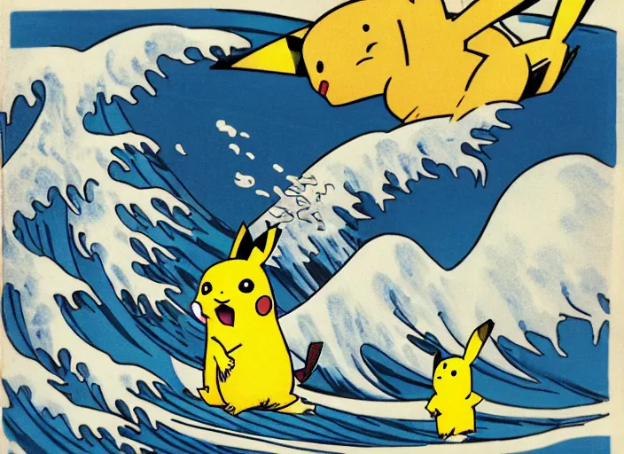 Image similar to pikachu surfing on the great wave off kanagawa