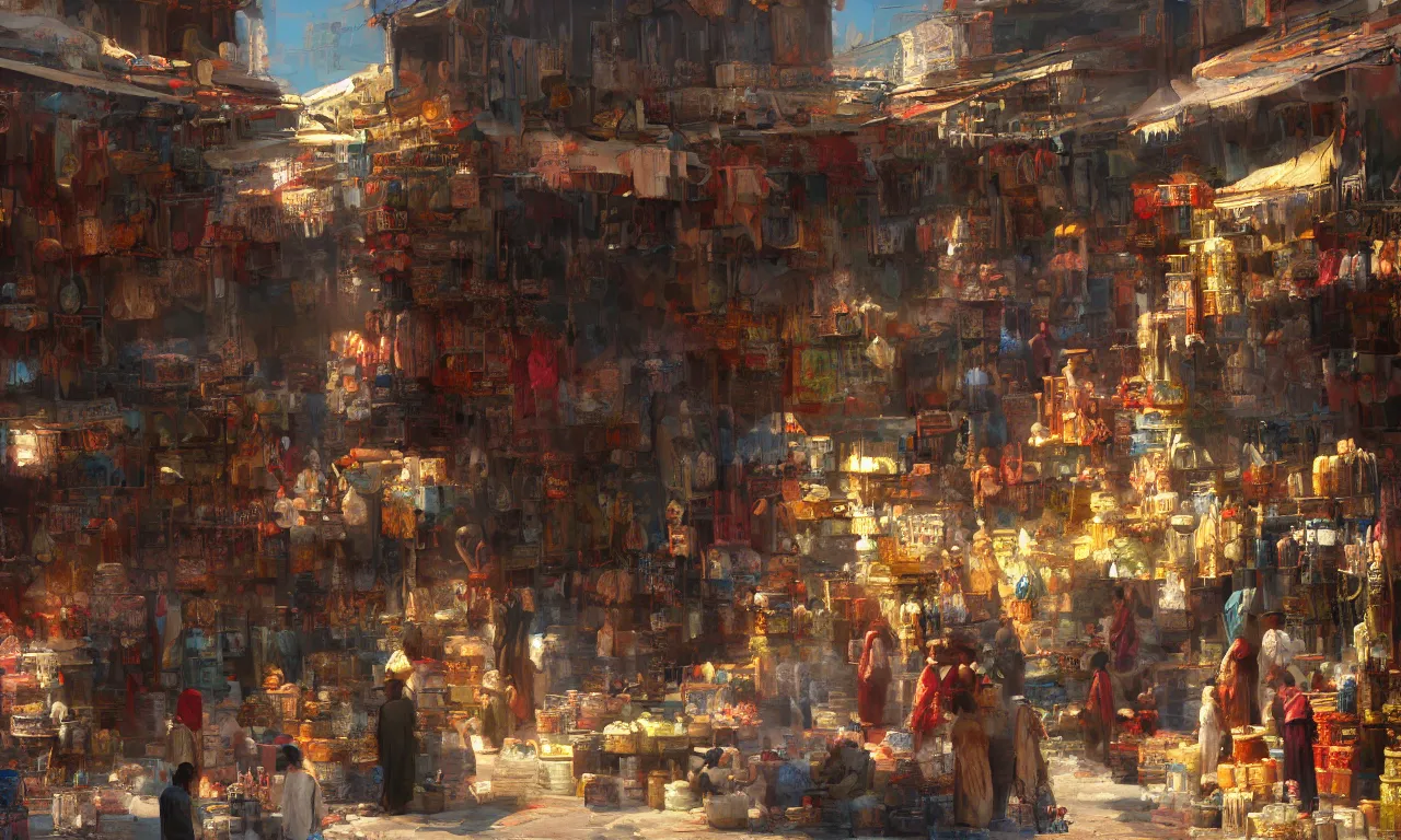Prompt: Painting of a middle eastern street market, circa 1600s, concept art in the style of Craig Mullins, sunlit, 4k