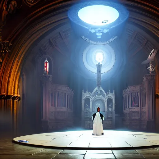 Image similar to center view photography of a group of priest in circle invoking an hyper realistic lovecraft creature portrait in a huge ritual portal in a church, 4 k, fantasy art, glamorous composition, wide - angle shot, cinematography lighting, volumetric fog, vivid colors, realistic, octane render, unreal engine