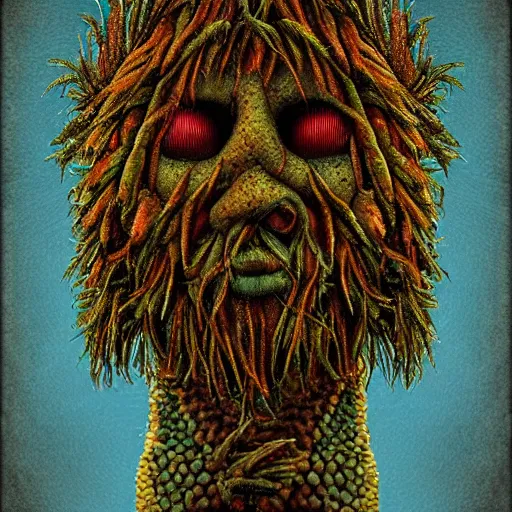 Prompt: A portrait of a corn monster, eerie, digital art, illustration