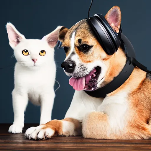 Image similar to a photograph of a dog and a cat wearing headphones in a light room, serene, happy, 8 k resolution, bokeh