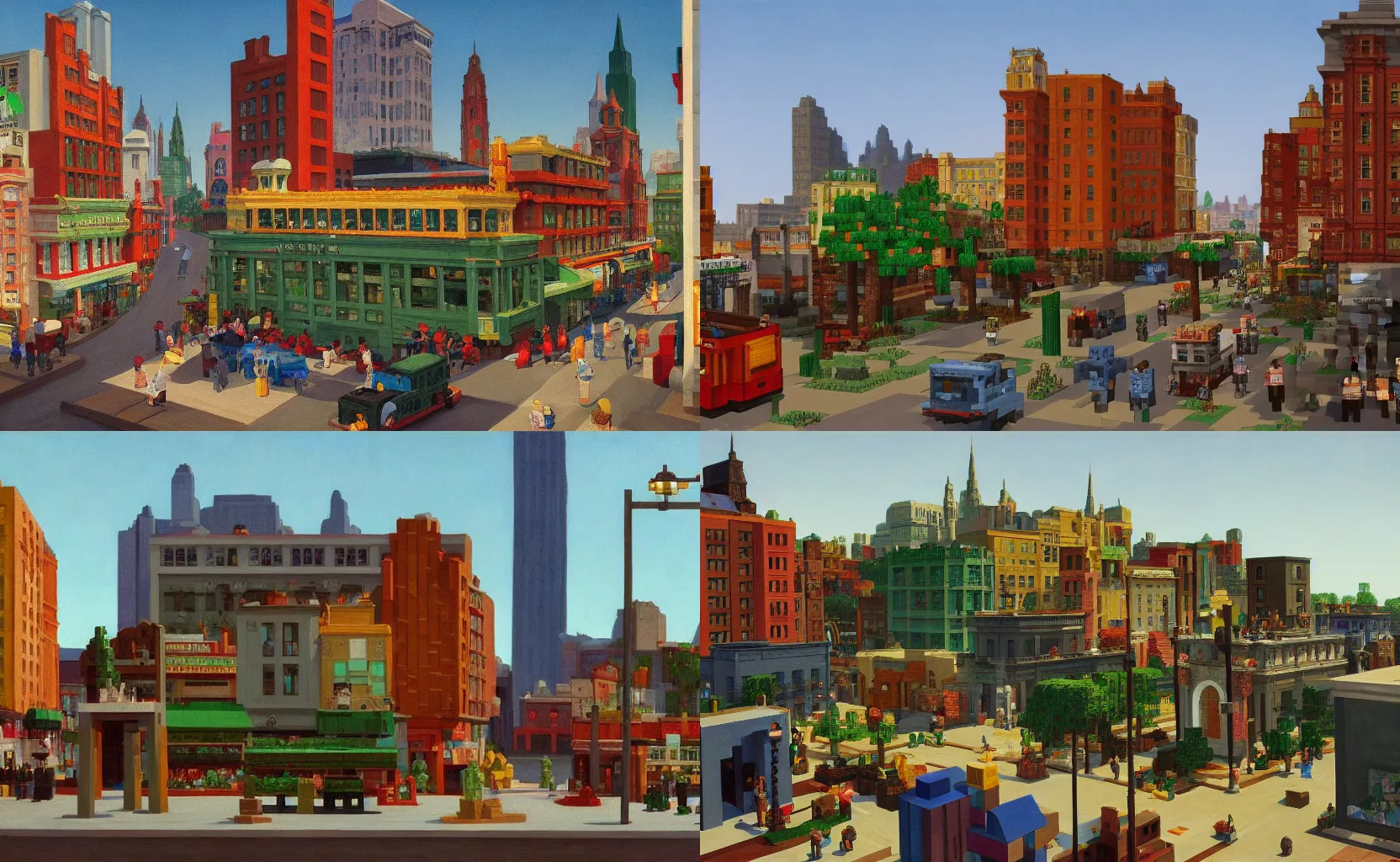 Prompt: a bustling Minecraft cityscape, painting by Edward Hopper and Wes Anderson
