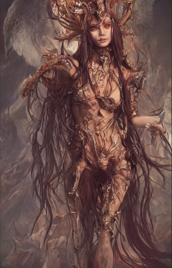 Image similar to an concept art of the demon queen, beautiful hair, intricate details, detailed face, detailed clothes, artstation, epic pose, epic background, ambient light, by max ernst and renoir