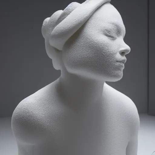 Prompt: female sculpture by daniel arsham and raoul marks, all white features on a white background, fractured porcelain - n 9