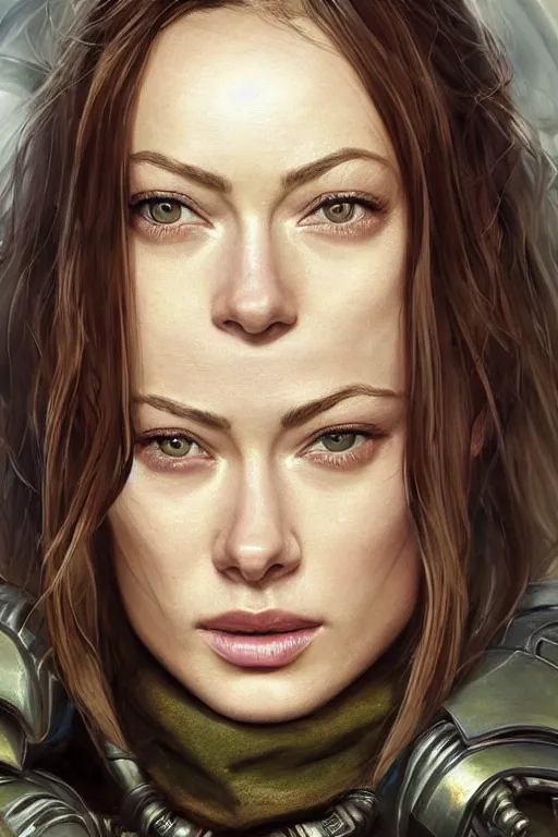 Image similar to a professional painting of a young Olivia Wilde, clothes in military armor, olive skin, long dark hair, beautiful bone structure, symmetrical facial features, intricate, elegant, digital painting, concept art, smooth, sharp focus, illustration, from StarCraft by Ruan Jia and Mandy Jurgens and Artgerm and William-Adolphe Bouguerea