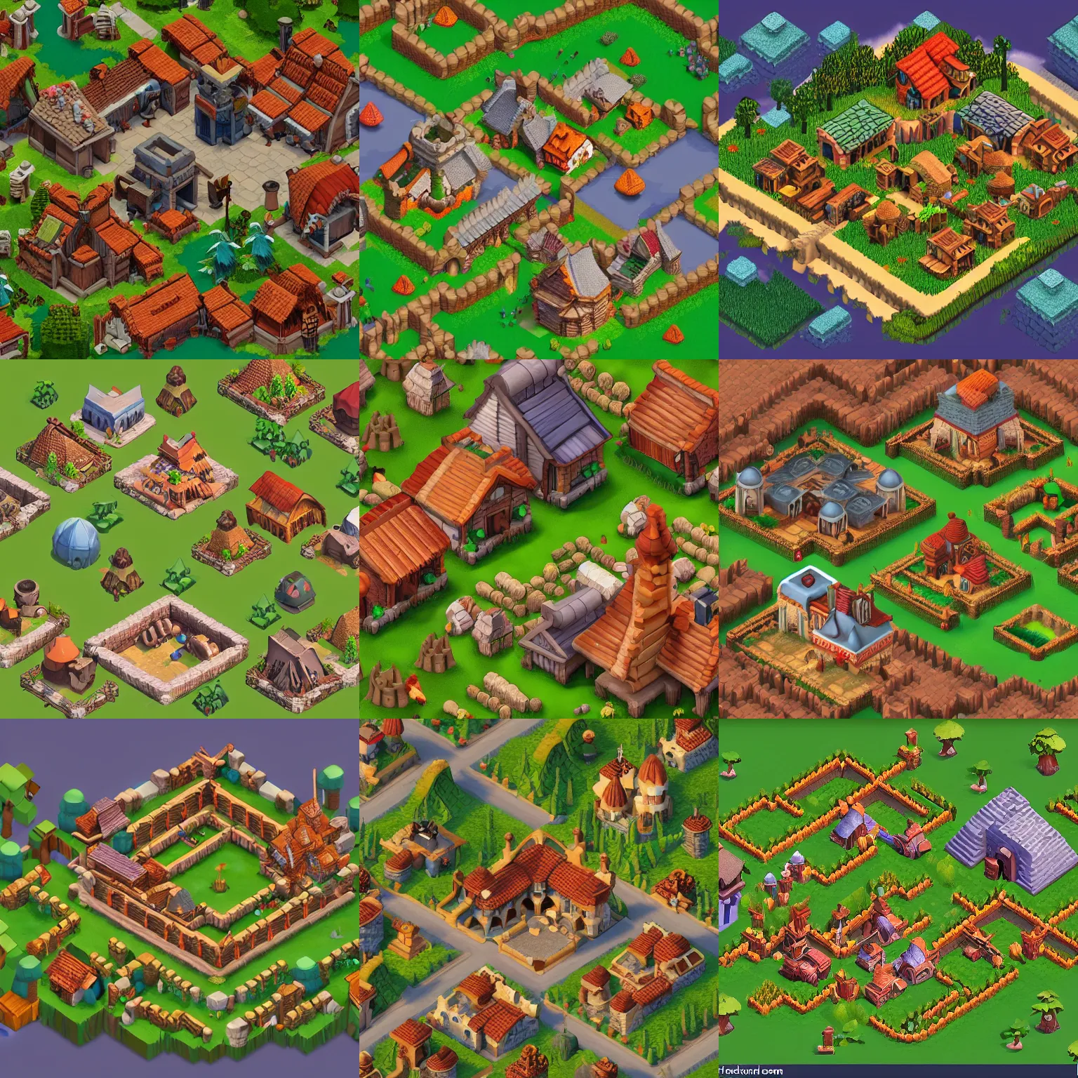 Prompt: isometric view of medieval village in the middle of forest, clash of clans style, game dev art