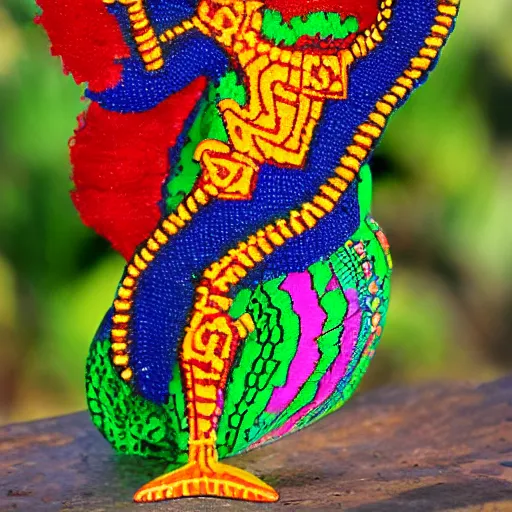 Prompt: a beautiful aztec mermaid with the tail made out of handcrafted huichol style on top of a plastic toy wave