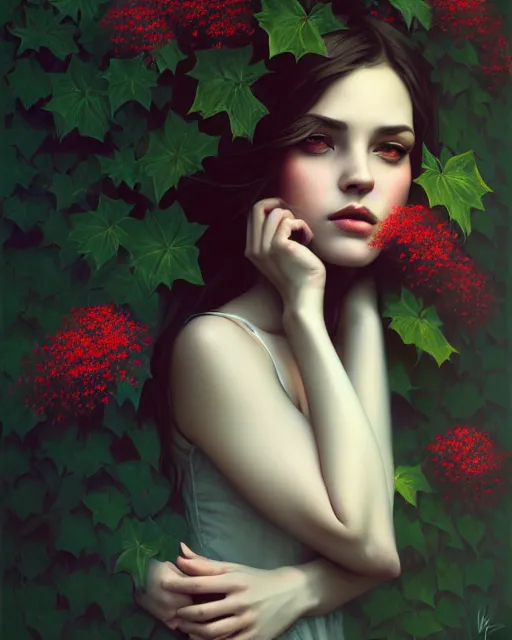 Prompt: stylized dark gloomy mysterious portrait of an artistic pose, composition, young lady sorrounded by nature, cinematic moody colors, ivy, flowers, one single head, realistic shaded, fine details, realistic shaded lighting poster by ilya kuvshinov, magali villeneuve, artgerm, jeremy lipkin and michael garmash and rob rey