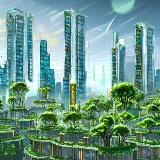 A solarpunk city with white skyscrapers, plants and the ocean nearby