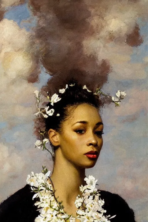 Image similar to close - up fashion black woman portrait airy flowers clouds art by vasnetsov