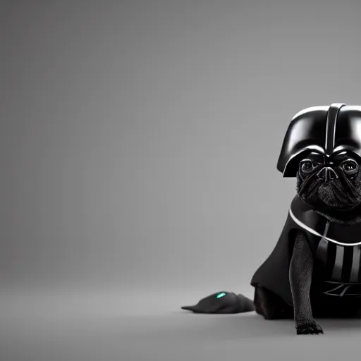 Prompt: 3 d rendered hyper realistic hyper detailed black pug wearing a pug - shaped darth vader helmet, octane render, blender, 8 k