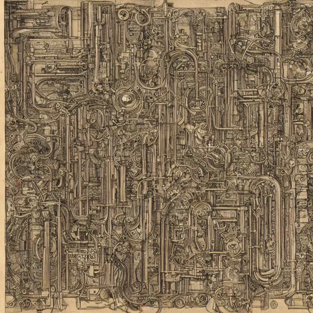 Image similar to close - up on detailed, intricate technical drawings from 1 8 4 0 with extensive written labels and covered in scribbled pencil notes, for a mechanical display attachment to babbage's difference engine, showing a screen playing tetris, beautiful, symmetric, art nouveau
