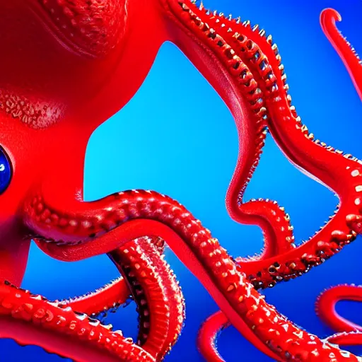 Image similar to portrait of red octopus, sly, cunning, blue background, pixar style animation 3d extremely gloomy lighting, atmospheric, cinematic, detailed illustration unreal Engine, 8K