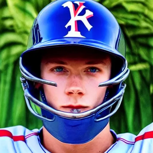 Image similar to “a realistic photo of a guy who is an attractive baseball player man who is part cyborg and part humanoid, who is a robot, Tom Holland, shiny skin, blue eyes”