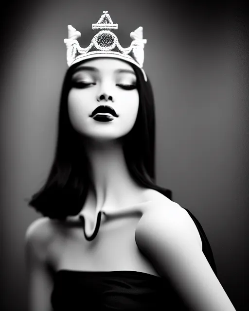 Image similar to black and white dreamy young beautiful female artificial intelligence with a techno crown, cinematic, rim light, bokeh, photo - realistic, elegant, high detail, 8 k, masterpiece, photo taken in 1 9 3 0