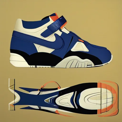 Image similar to retro futuristic Nike air trainer sneakers with straps by syd mead, matte painting, geometric shapes