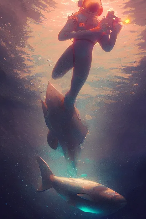 Image similar to astronaut underwater in the ocean at night, volumetric lighting, glowing lights, 4k, octane, digital painting, artstation, concept art, sharp focus, illustration, art by artgerm and greg rutkowski and alphonse mucha