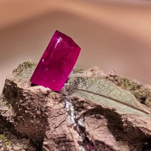 Prompt: a polished cut ruby gemstone growing from a plant