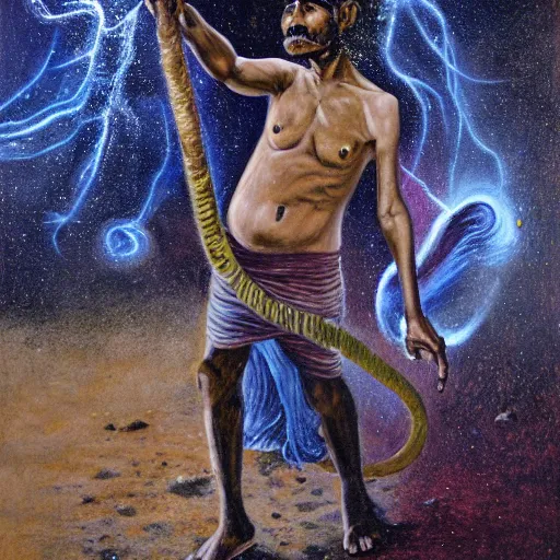 Prompt: portrait of head and body, single bangla farmer fighting on hoseback, hand to hand combat with machete, wielding machete, full body view, long flowing hair, fighting for his life, nebula aura surrounding subject, horseback combat attacker foreground, background of invading army, nestor canavarro hyperrealist art style, sharp outlines