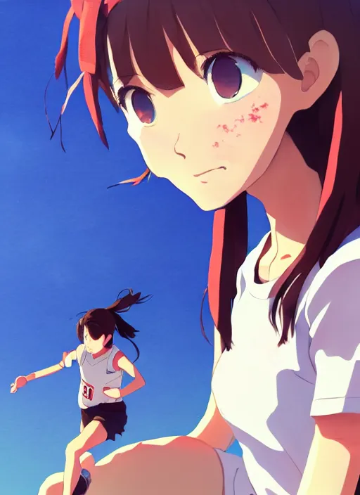 Image similar to portrait of high school runner girl, sunny sky background stadium landscape illustration concept art anime key visual trending pixiv fanbox by wlop and greg rutkowski and makoto shinkai and studio ghibli and kyoto animation red sports clothing marathon race running shoes sponsors