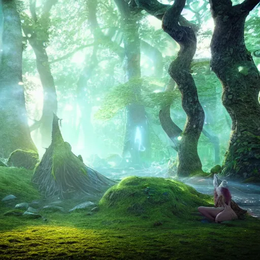 Prompt: the magical and mystical forest of vanaheim with fairies and nature, scandinavian / norse influenced, cinematic, ray traced, octane render, cinematic lighting, ultrarealistic, featured on artstation, 8 k uhd artwork