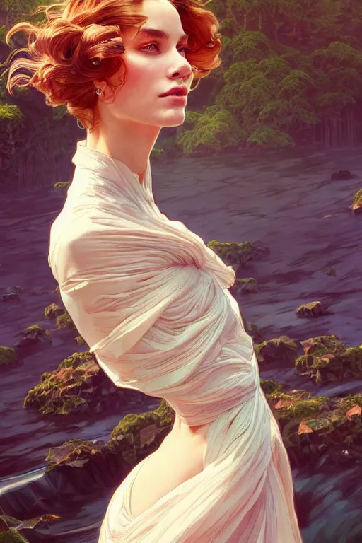 Image similar to clear portrait of a vogue photoshoot, cottagecore!!, background hyper detailed, character concept, full body, dynamic pose, intricate, elegant, highly detailed, digital painting, artstation, concept art, smooth, sharp focus, illustration, art by artgerm and greg rutkowski and alphonse mucha