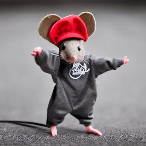 Prompt: a small mouse dressed as a rapper that goes by mc mouse