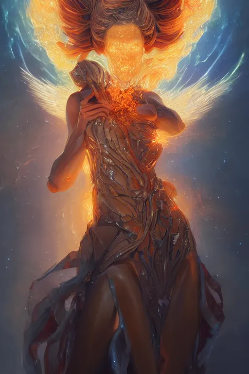 Prompt: torso closeup model wearing exploding fire crystal dress, sorcerer, diamonds, angel, fantasy, dramatic lighting, highly detailed, digital painting, holding electricity, magic the gathering, hyper detailed, 3 d render, hyper realistic detailed portrait, peter mohrbacher, wlop, ruan jia