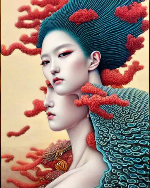 Prompt: portrait of a beautiful sea coral goddess, unusual beauty, esoteric, muted colors, head in focus, fantasy art, ornamental aesthetics, intricate, elegant, highly detailed, hyperrealistic painting, artstation, concept art, painterly, sharp focus, illustration, art by chie yoshii