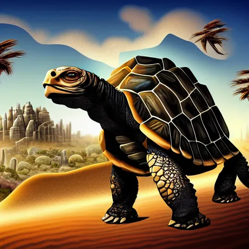 Prompt: Large Fantasy City riding on the back of a Giant tortoise stomping through the hot sunny desert, High detail, Dungeons and Dragons, Focus on giant tortoise, 4k