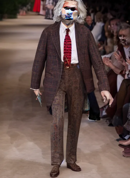 Image similar to hyperrealistic and heavy detailed gucci runway show of albert einstein, leica sl 2 5 0 mm, vivid color, high quality, high textured, real life