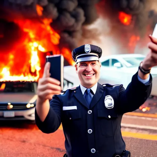 Image similar to smiling cop takes a selfie in front of a riot, cars and buildings on fire, time magazine 2 0 2 2, high detail, 8 k
