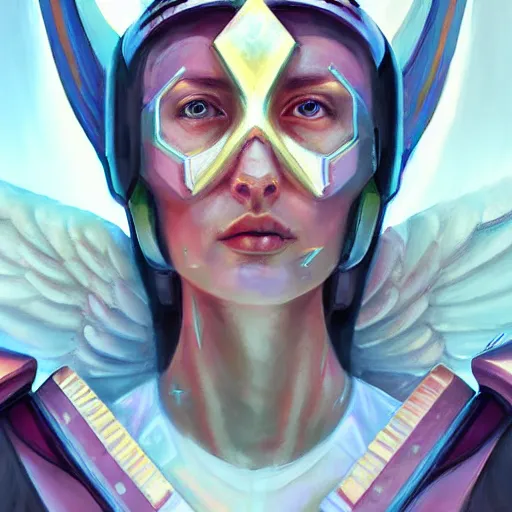 Prompt: Shoulder level close up portrait of a seraphim angel from a neo solar punk future future metaverse cyborg tech techno angelic warrior by Mandy Jurgens, cartoon, oil painting , visionary art, symmetric, Heavenly symbols, holy halo, astral patterns, sci-fi