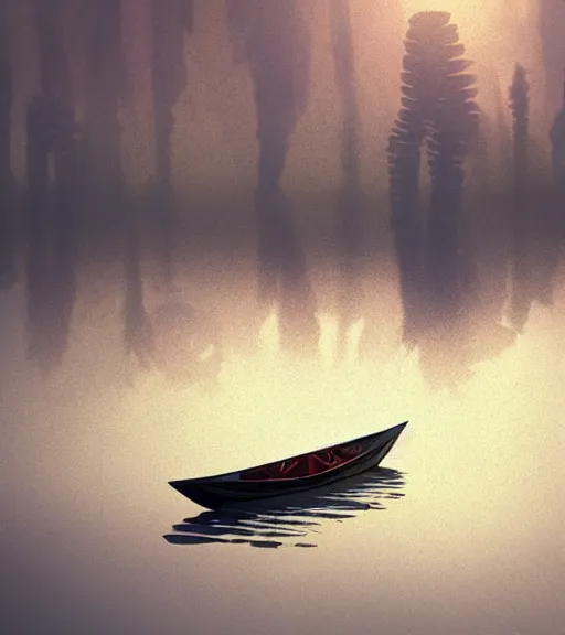 Image similar to three crows in a little boat in a swamp, volumetric lighting, majestic light, octane render, ethereal glare of the sun, hyper realistic, epic, masterpiece, by greg rutkowski