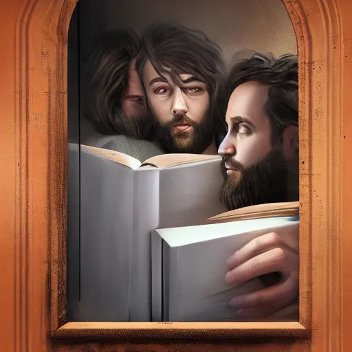 Image similar to a realistic painting of three male and one female characters emerging from inside a book, trending on artstation, detailed digital art