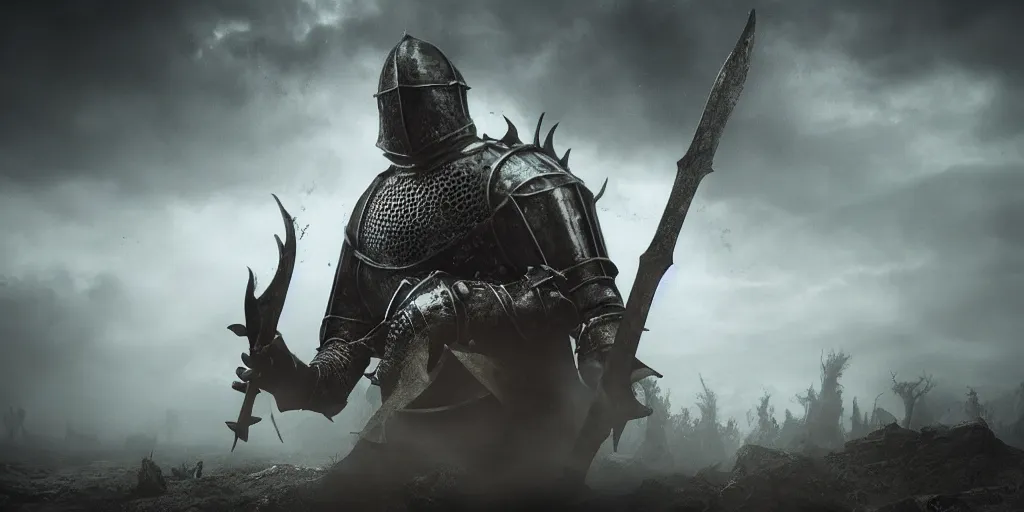 Image similar to Hyper realistic, Medieval horror, dark fantasy Horror, Medieval Knight, dark fantasy, horror, horror photography, cinematic, cinematic lighting, volumetric lighting, atmospheric, octane render, unreal engine, HD, phot, realistic, photo realistic, hyper realistic, hyper realism
