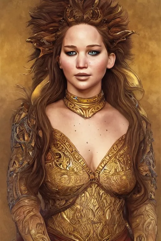 Image similar to portrait of jennifer lawrence as a lion tamer, half body, d & d, fantasy, intricate, elegant, highly detailed, digital painting, artstation, concept art, art by artgerm and greg rutkowski and alphonse mucha