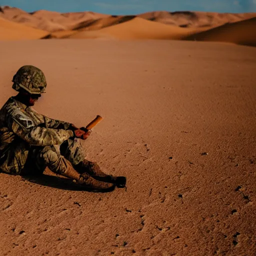 Image similar to portrait of a soldier sitting in the desert eating some crayons, beautiful composition, 5 0 mm f 1. 8, ambient light