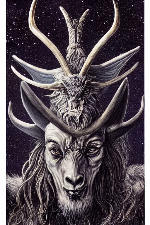 Image similar to sideview waist up portrait of baphomet with big antler, starship made with porcelain by jeff easley and peter elson, beautiful eyes and face, symmetry face, galaxy, gothic, surreal, dread, highly detailed, intricate complexity, epic composition, magical atmosphere, masterpiece, award winning, trending on artstation