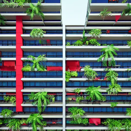 Prompt: multistory building, full of tropical plants overgrowing, glass openings, red mesh in the facede, housing architecture, classical architecture, brutalist architecture, blue hour, archviz, cgi, trending on artstation, architecture visualization, corona renderer, unreal engine, ray tracing, after rain, cinematic, intricate