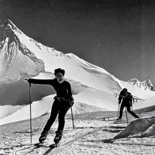 Image similar to b&w photo of Frida kahlo and Salvador Dali skiing down mount Everest