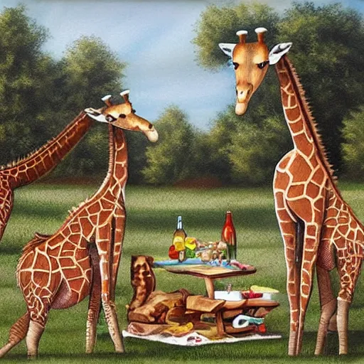 Image similar to mechanical giraffes, having a picnic, realistic,