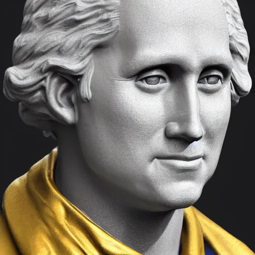 Prompt: a closeup photorealistic illustration of a happy George Washington holding wearing a chain around his neck with a small gold Doubloon coin as a necklace. This 4K HD image is Trending on Artstation, featured on Behance, well-rendered, extra crisp, features intricate detail and the style of Unreal Engine.
