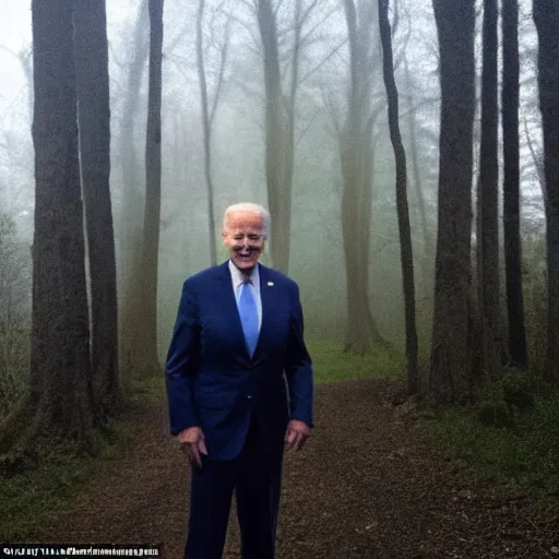 Image similar to joe biden with 4 arms, standing ominously barely in view far into the foggy woods with a demonic wide smile in his face, low quality iphone photo, creepy