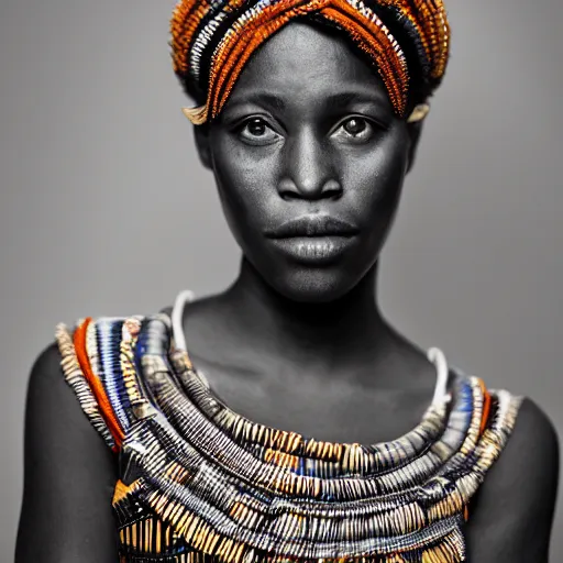 Image similar to vintage portrait of a stunningly beautiful west african tribal female, depth of field, zeiss lens, detailed, symmetrical, centered, fashion photoshoot, by edward s curtis, Annie Leibovitz and Steve McCurry, David Lazar, Jimmy Nelsson, alphonse mucha, Breathtaking, 8k resolution, extremely detailed, beautiful, establishing shot, artistic, hyperrealistic, beautiful face, octane render