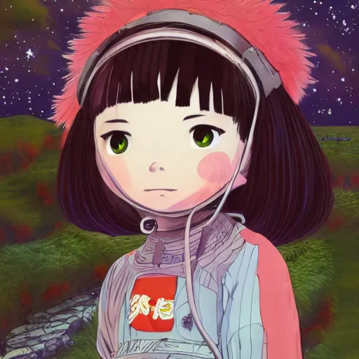 Image similar to bjork as anime, ghibli studio, outer space