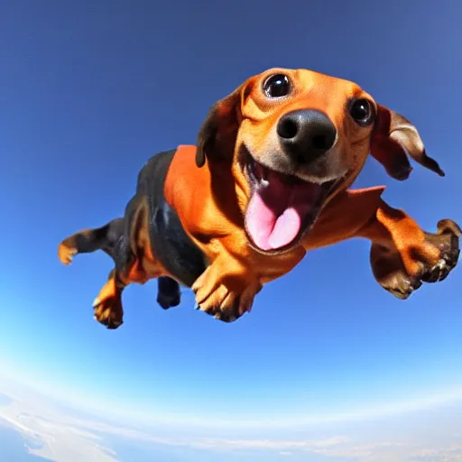 Image similar to skydiving weiner dog high resolution photography 8 k