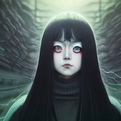 Image similar to i see you palp by junji ito, green red black blue eyes and long black hair by junji ito, painted by junji ito, rtx reflections, octane render 1 2 8 k, extreme high intricate details by wlop, digital anime art by ross tran, wide shot, composition by tom bagshaw, lighting by wlop