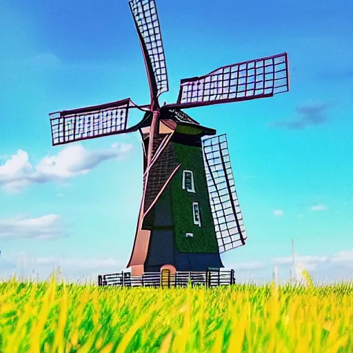 Prompt: dutch windmill in an open grassy field, wide shot, in sailor moon aesthetic, 90s anime, hyperdetailed hd, vintage, pixel art, dreamy, trending on twitter